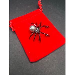 Black Gray Rhinestone Faux Pearl Spider Brooch Pin